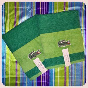 NWT 2x Lacoste Bath Towels Green w/ Embroidered Crocodile Logo Cotton 30" x 52"